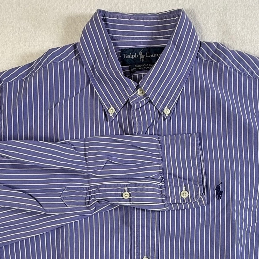 Ralph Lauren Button Down Shirt Mens Large Custom Fit Striped Blue Two Ply Cotton